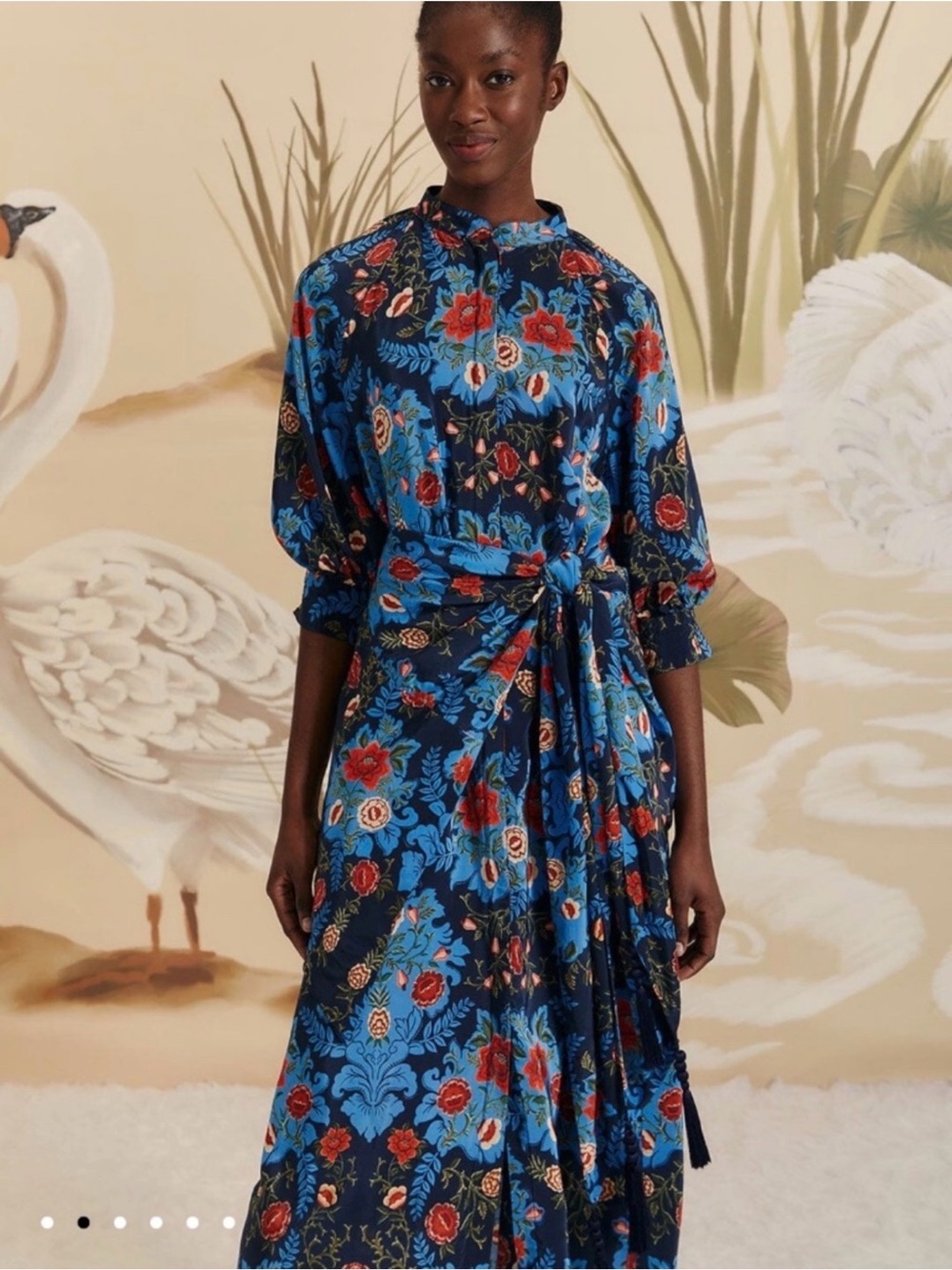 Farm Rio Blue Arabesque Floral Midi Dress with Belt - Picture 2 of 5